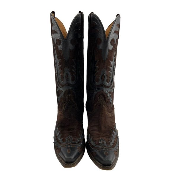 Vintage Ladies Lucchese USA Brown / Black Suede Snip Toe Western Boots Size 9 - Picture 3 of 8